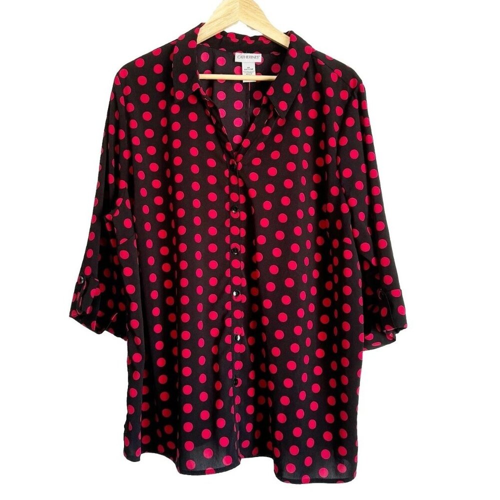Catherines Red Polka Dot Button Up Top Women’s 2X 3/4 Cuff Sleeves Whimsigoth